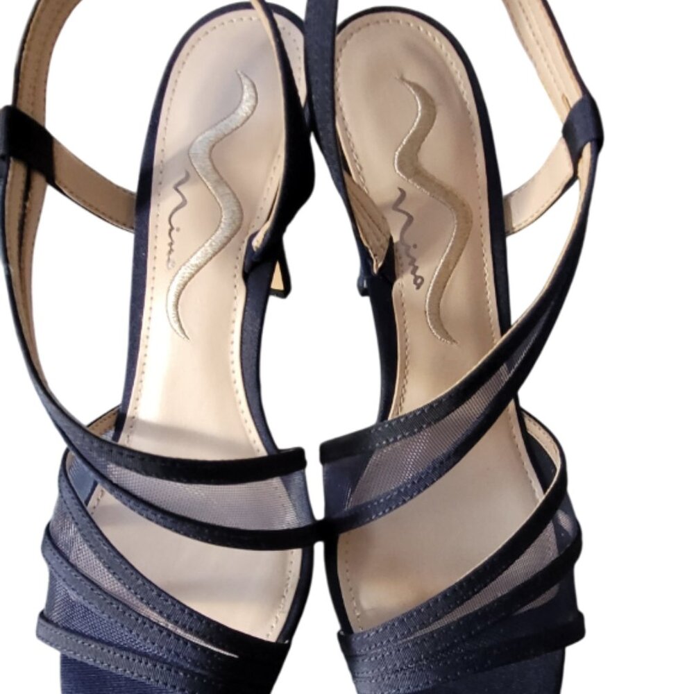 Nina Satin Open Toe Sling Heel Sandal Dress Navy Blue Size 6.5